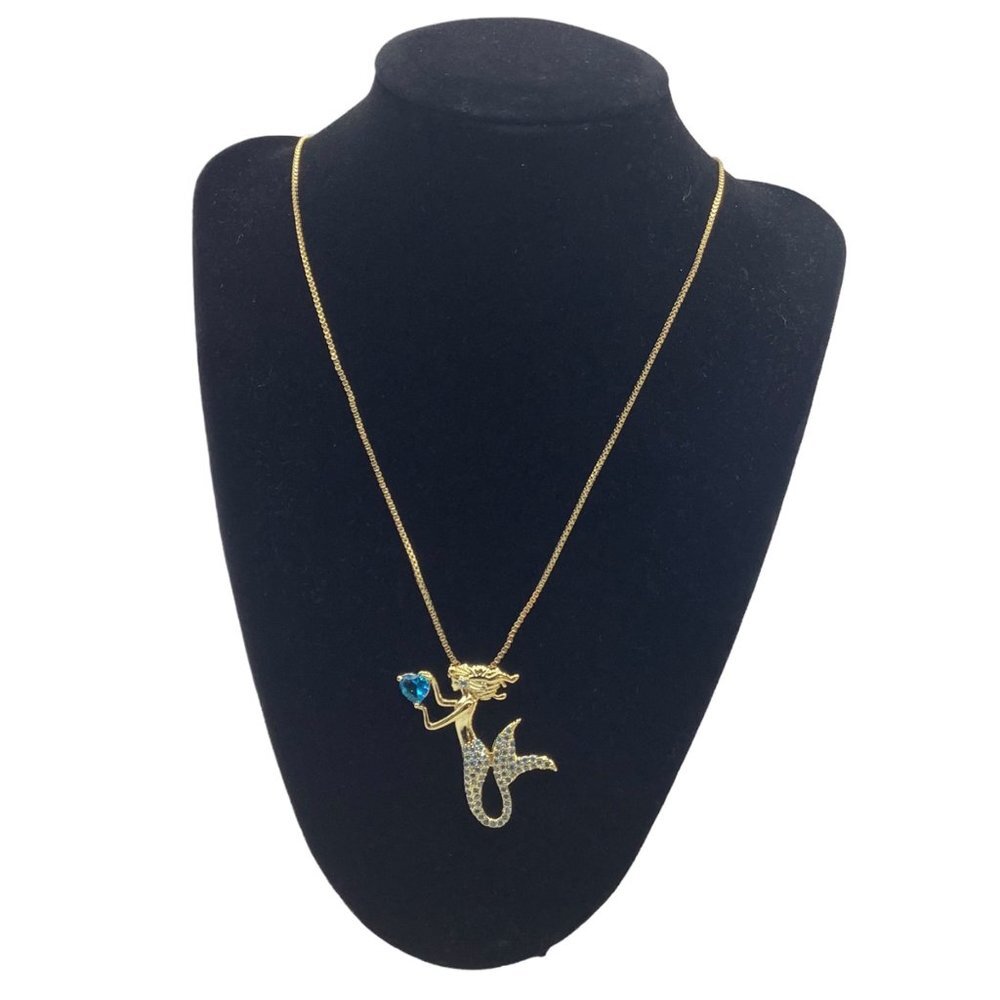 Mermaid Necklace Gift 12" Length Gold Tone Blue Crystals Gift NEW NIP Women Girl